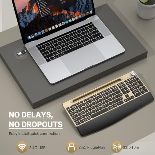 JOYACCESS Ergonomic Wireless Keyboard with Wrist Rest & Phone Holder