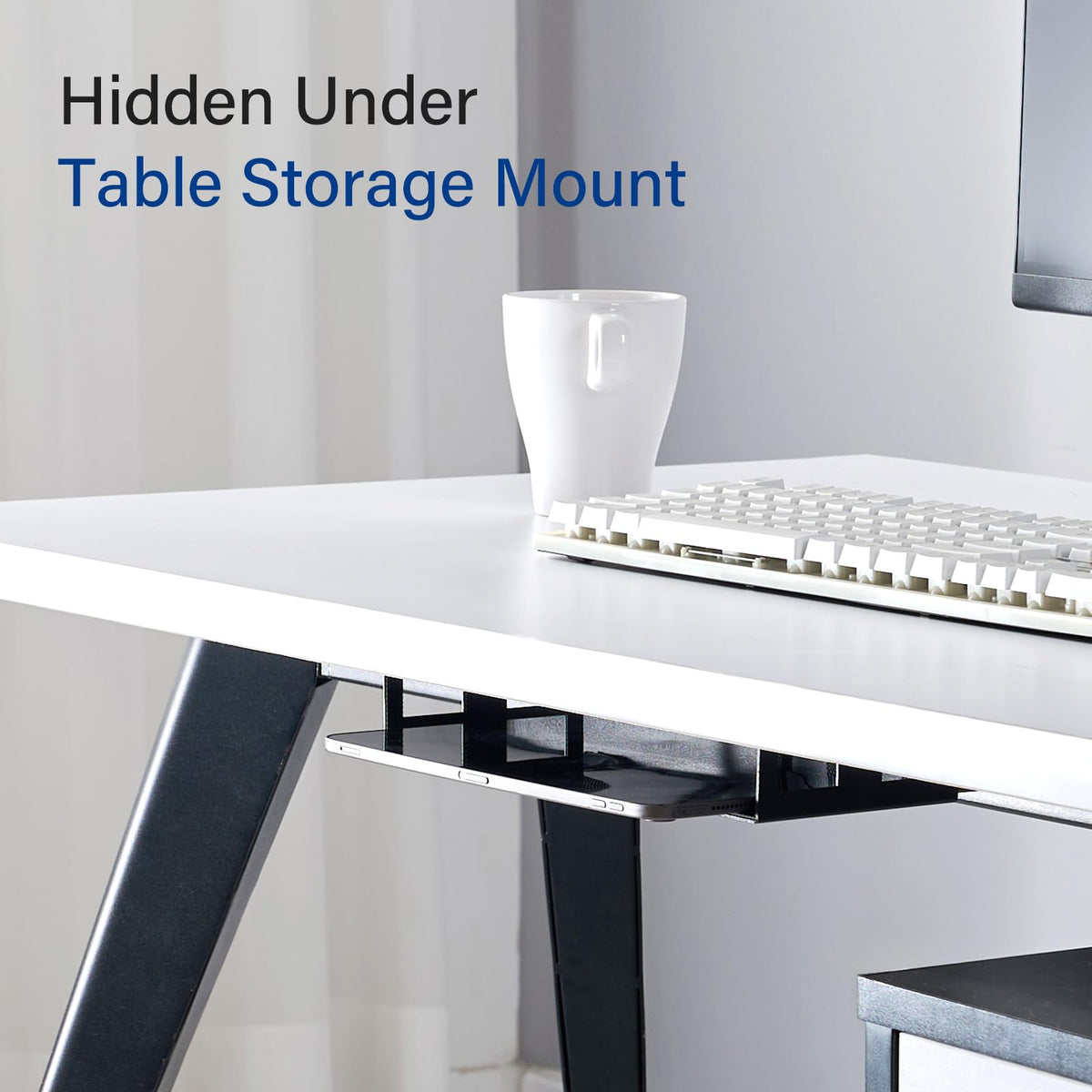 BYMECOST Under Desk Laptop Storage Mount, Metal Under Desk Device Holder, for Devices Up to 1.37" Thick, MacBook, Mini, Keyboard, Router, with Anti-Scratch Silicone