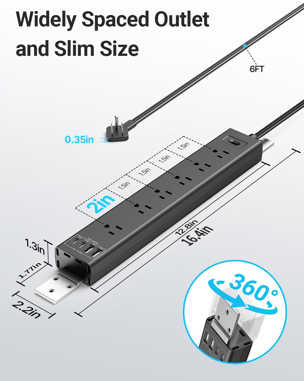 360° Mountable Surge Protector Power Strip with 4 USB Ports (2 USB C), 6 FT Electrical Outlet & Flat Plug Extension Cord for Under Desk, Wall, or Corner Mount