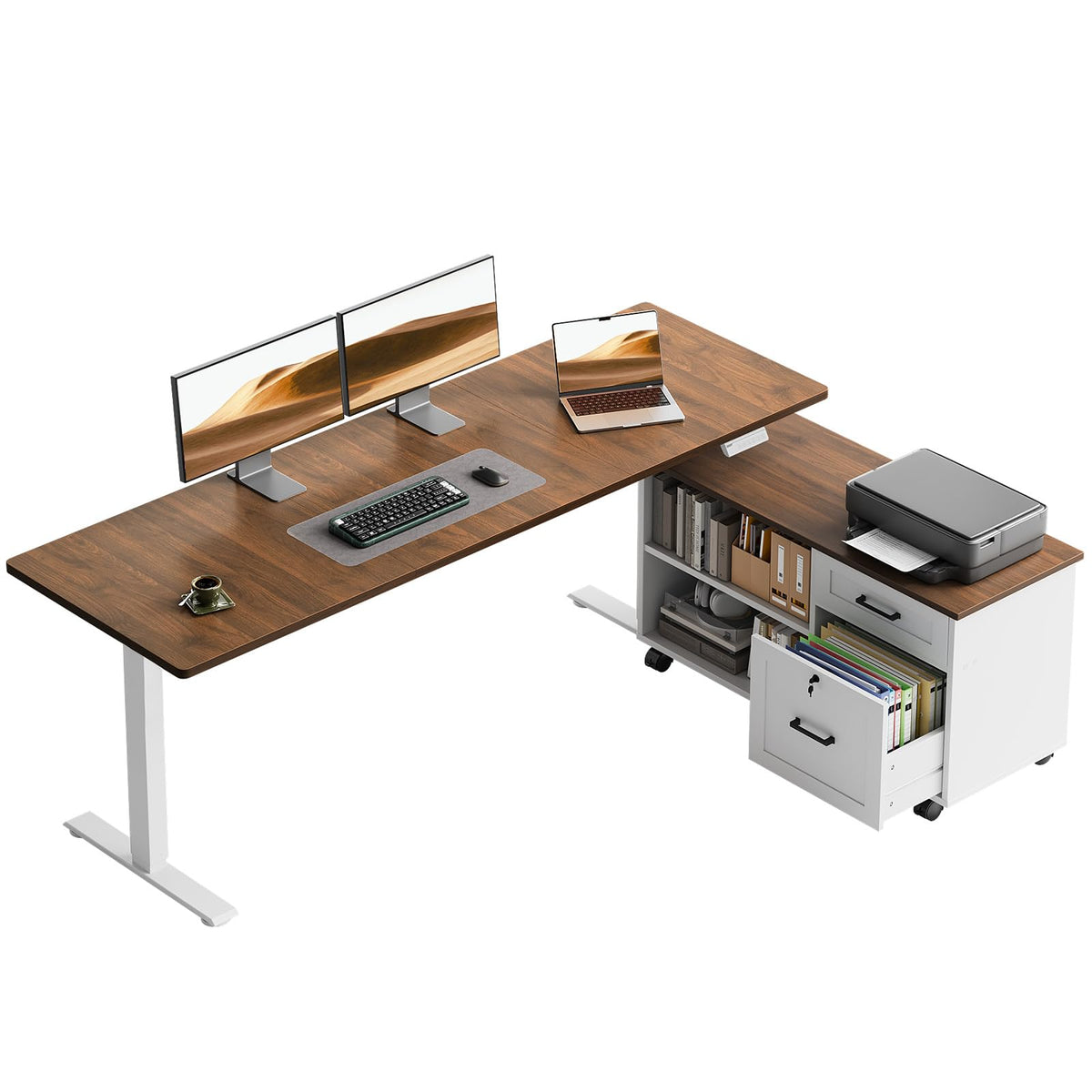 OffiGo L-Shaped Electric Standing Desk with File Cabinet