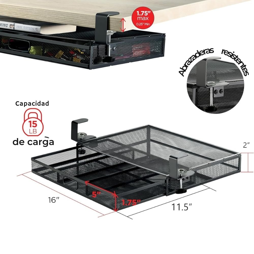 Clamp-On 2-Drawer Metal Mesh Under-Desk Organizer