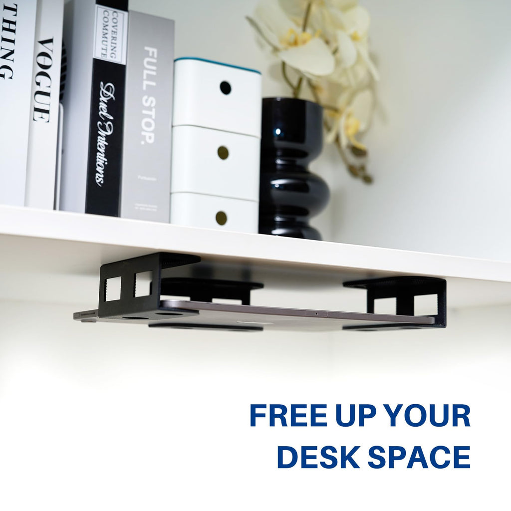 BYMECOST Under Desk Laptop Storage Mount, Metal Under Desk Device Holder, for Devices Up to 1.37" Thick, MacBook, Mini, Keyboard, Router, with Anti-Scratch Silicone