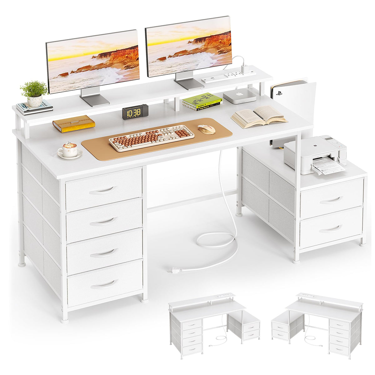 Flrrtenv Reversible Office Desk with 6 Drawers & Power Outlets