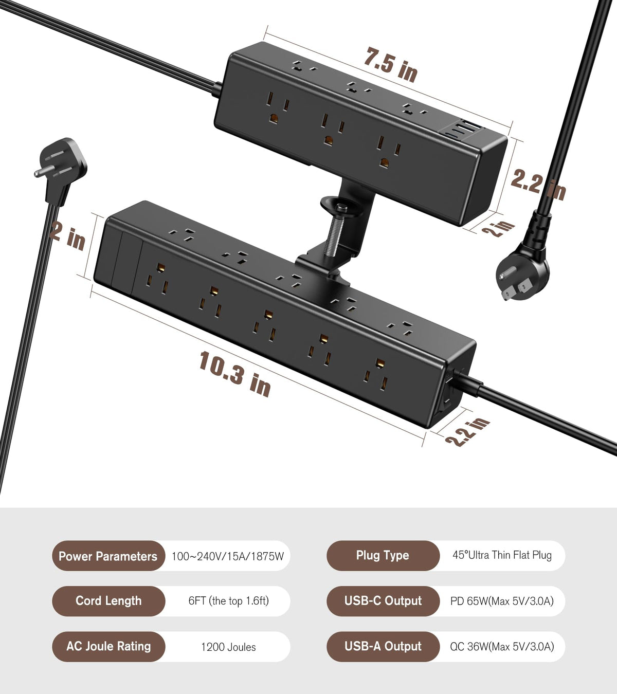 Dual-Layer Desk Clamp Power Strip with 24 Outlets & 65W USB-C