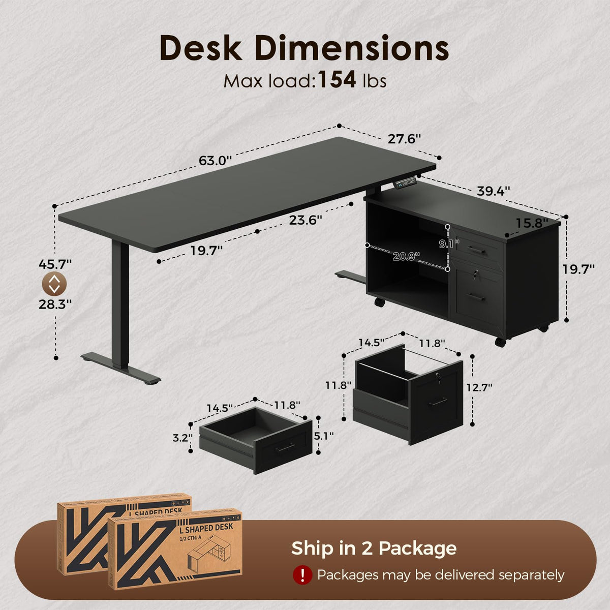OffiGo Electric Standing Desk with File Cabinet, Large Corner Adjustable Height Table with Power Outlets, Executive L-Shaped Lift Workstation for Home, Office