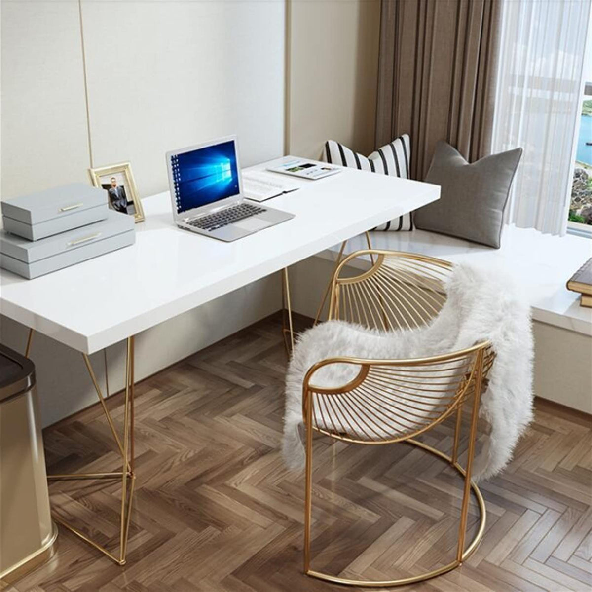 Modern Light Luxury PC Laptop Desk Minimalist Home Bedroom Writing Desk with Golden Metal Frame and White Desktop 1.0/1.2/1.4/1.6/1.8m (Color : 160x70x75cm)