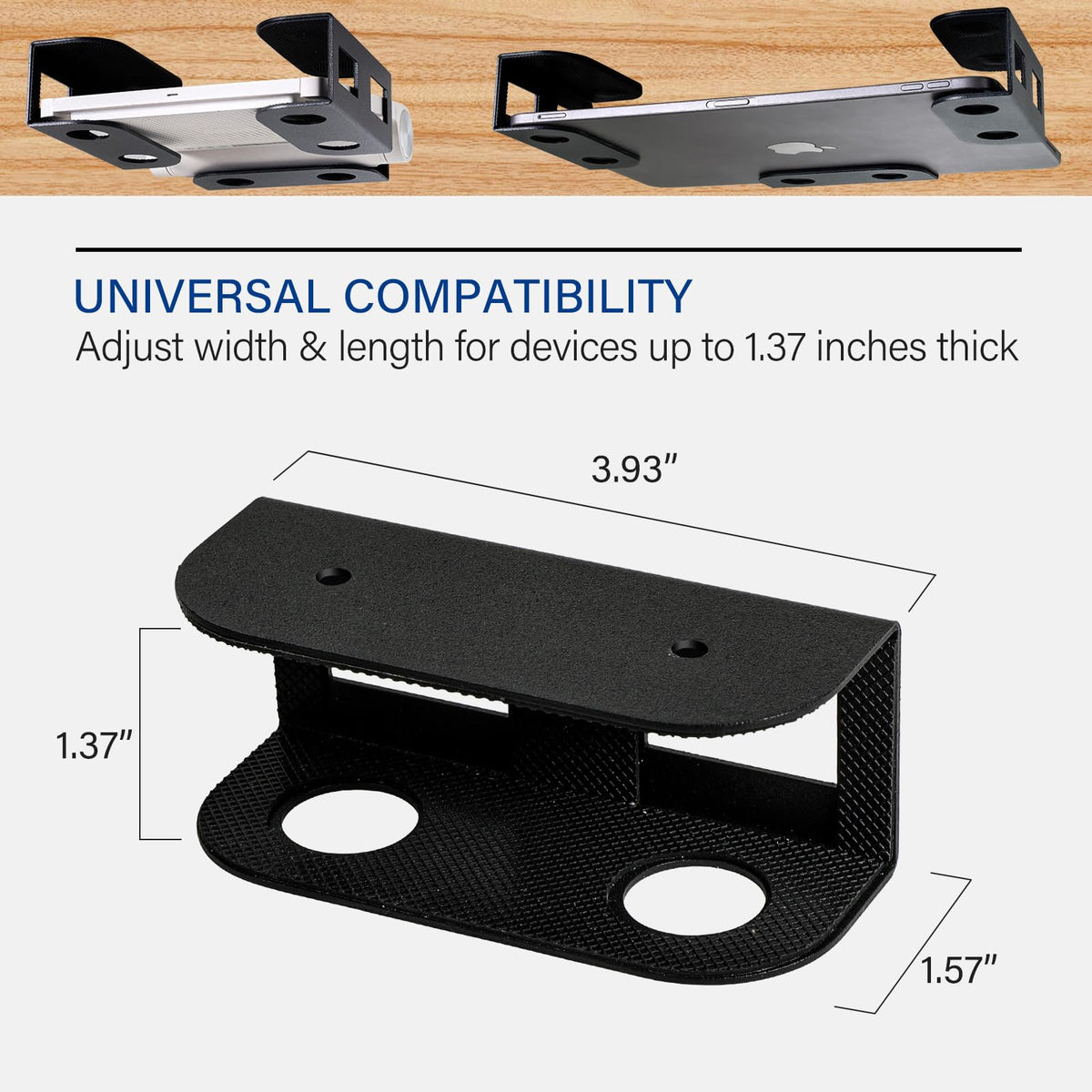 BYMECOST Under Desk Laptop Storage Mount, Metal Under Desk Device Holder, for Devices Up to 1.37" Thick, MacBook, Mini, Keyboard, Router, with Anti-Scratch Silicone