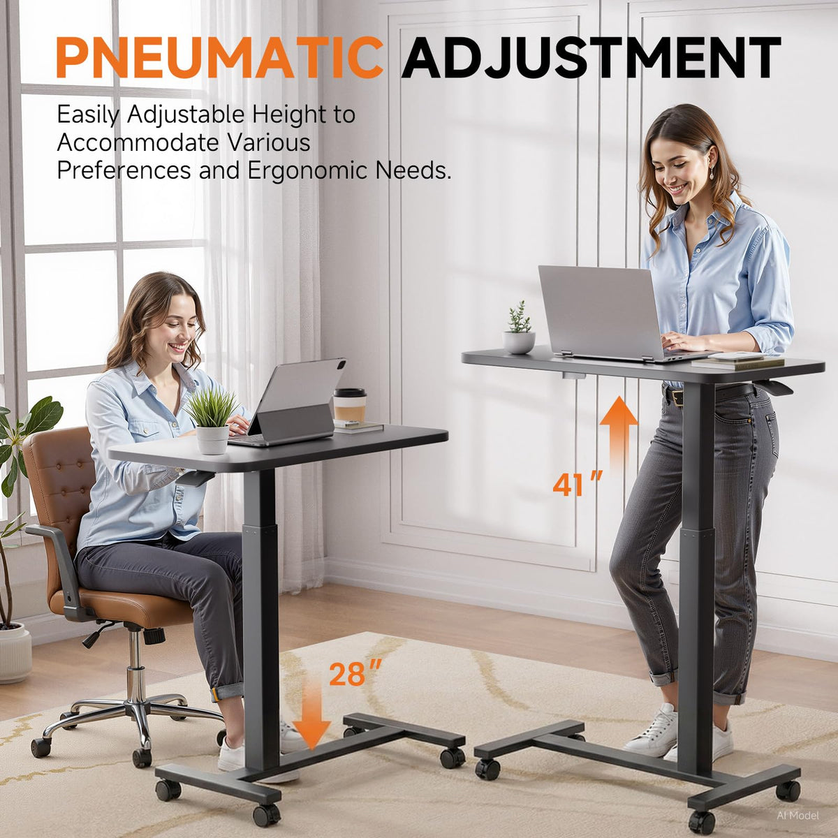 GTPLAYER Small Standing Desk with Wheels, Pneumatic Mobile Rolling Laptop Desk, Adjustable Height Overbed Bedside Table Computer Workstation for Home Office
