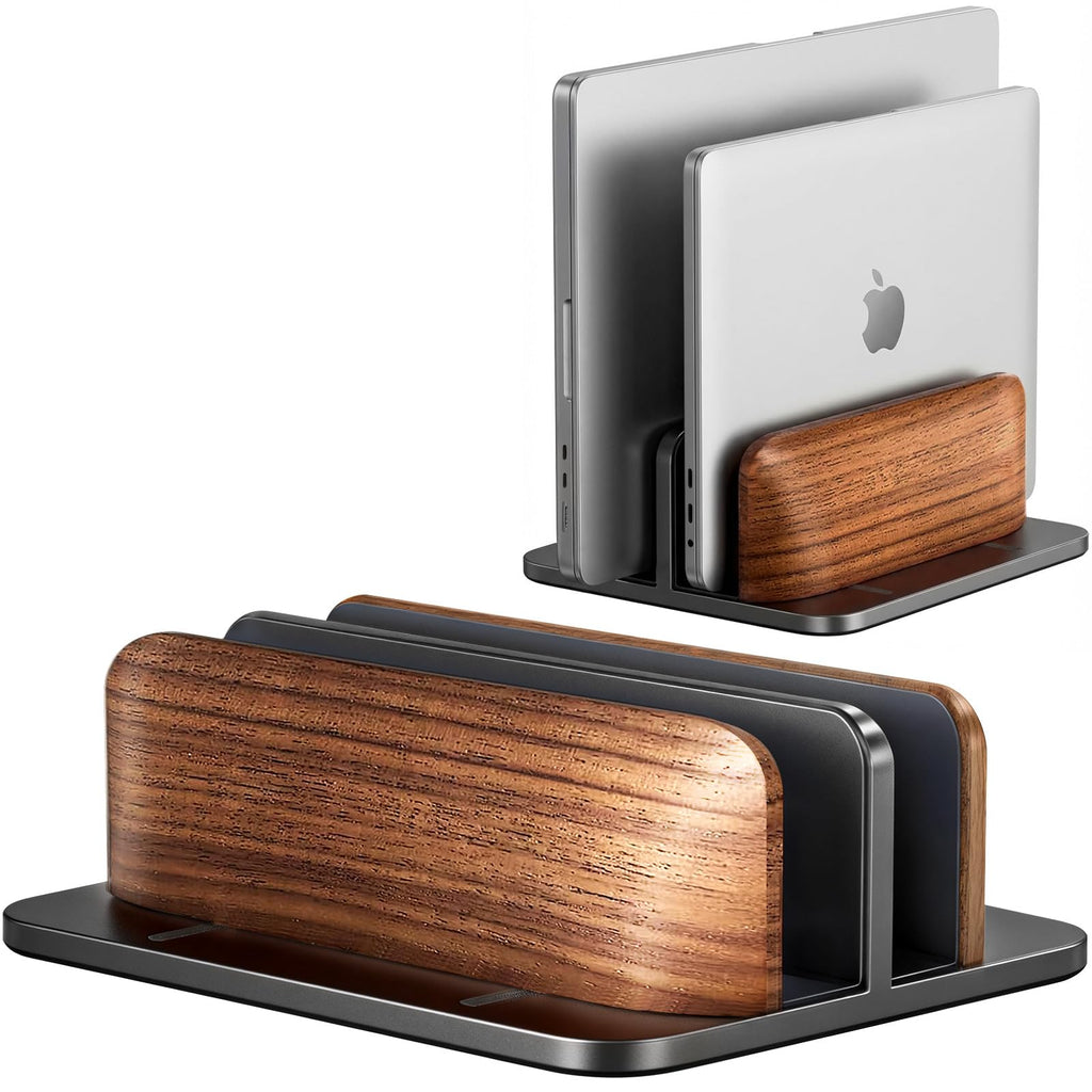 JCZT Walnut Vertical Dual Laptop Stand for Desk Organization