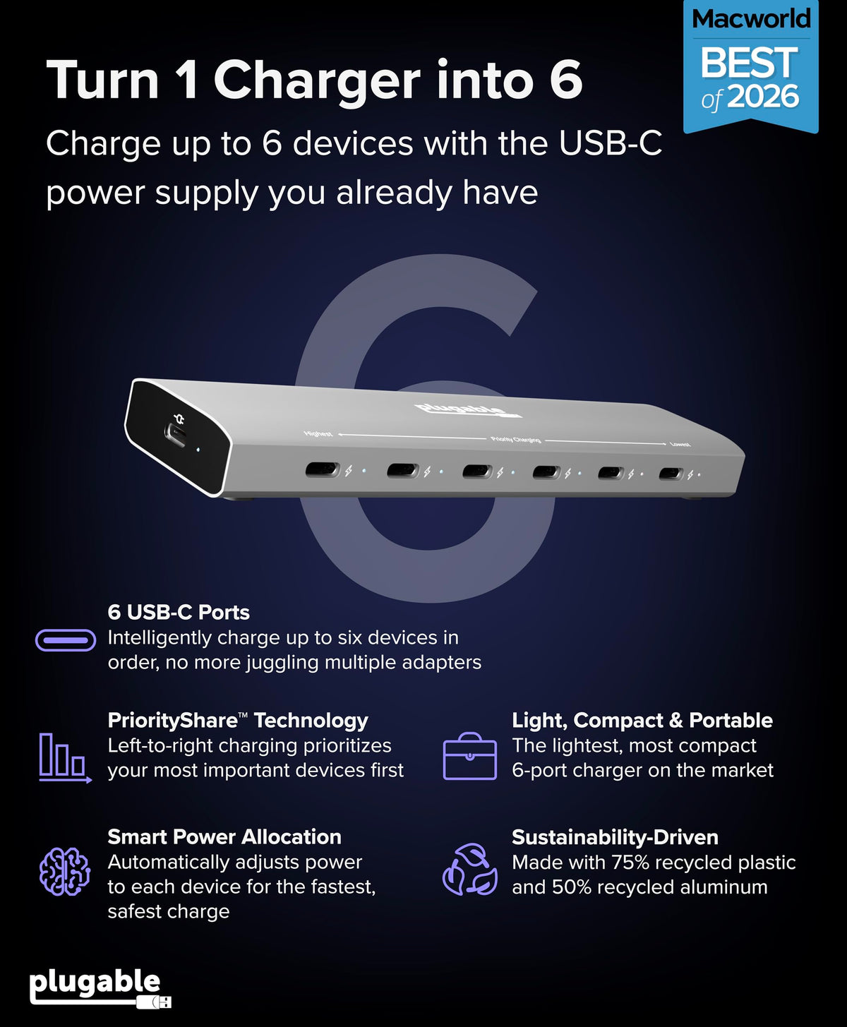 Plugable 6-Port USB-C Charging Station, 100W Priority Charging