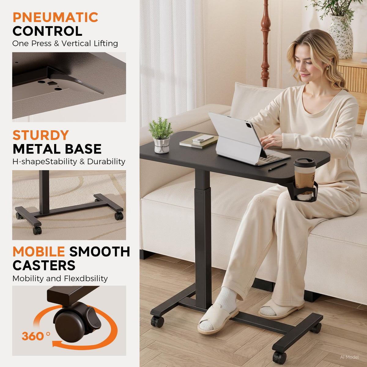 GTPLAYER Small Standing Desk with Wheels, Pneumatic Mobile Rolling Laptop Desk, Adjustable Height Overbed Bedside Table Computer Workstation for Home Office