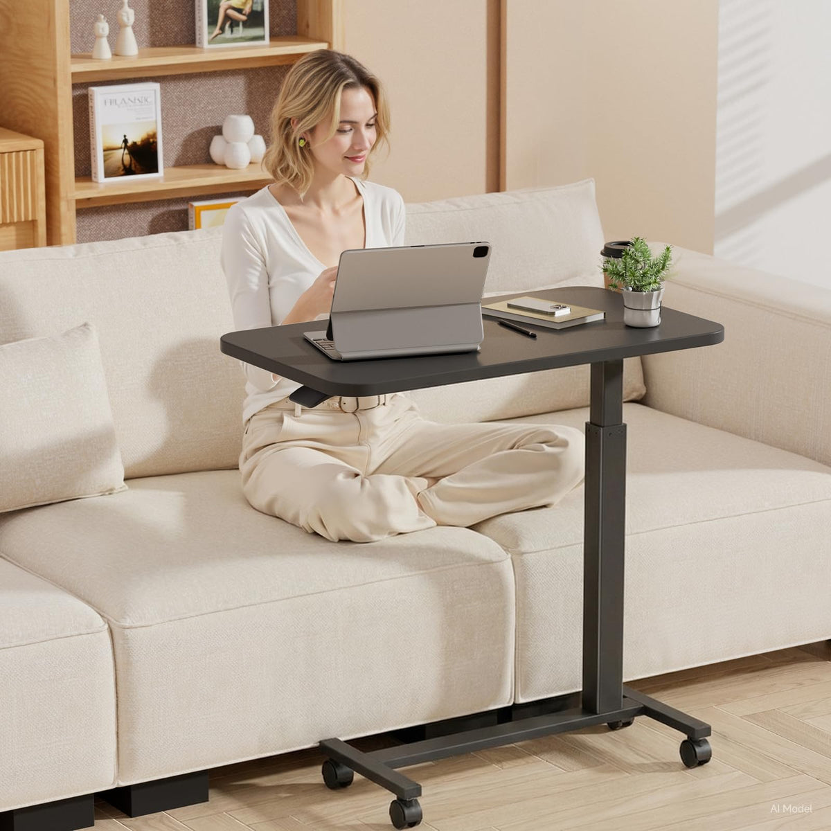 GTPLAYER Small Standing Desk with Wheels, Pneumatic Mobile Rolling Laptop Desk, Adjustable Height Overbed Bedside Table Computer Workstation for Home Office