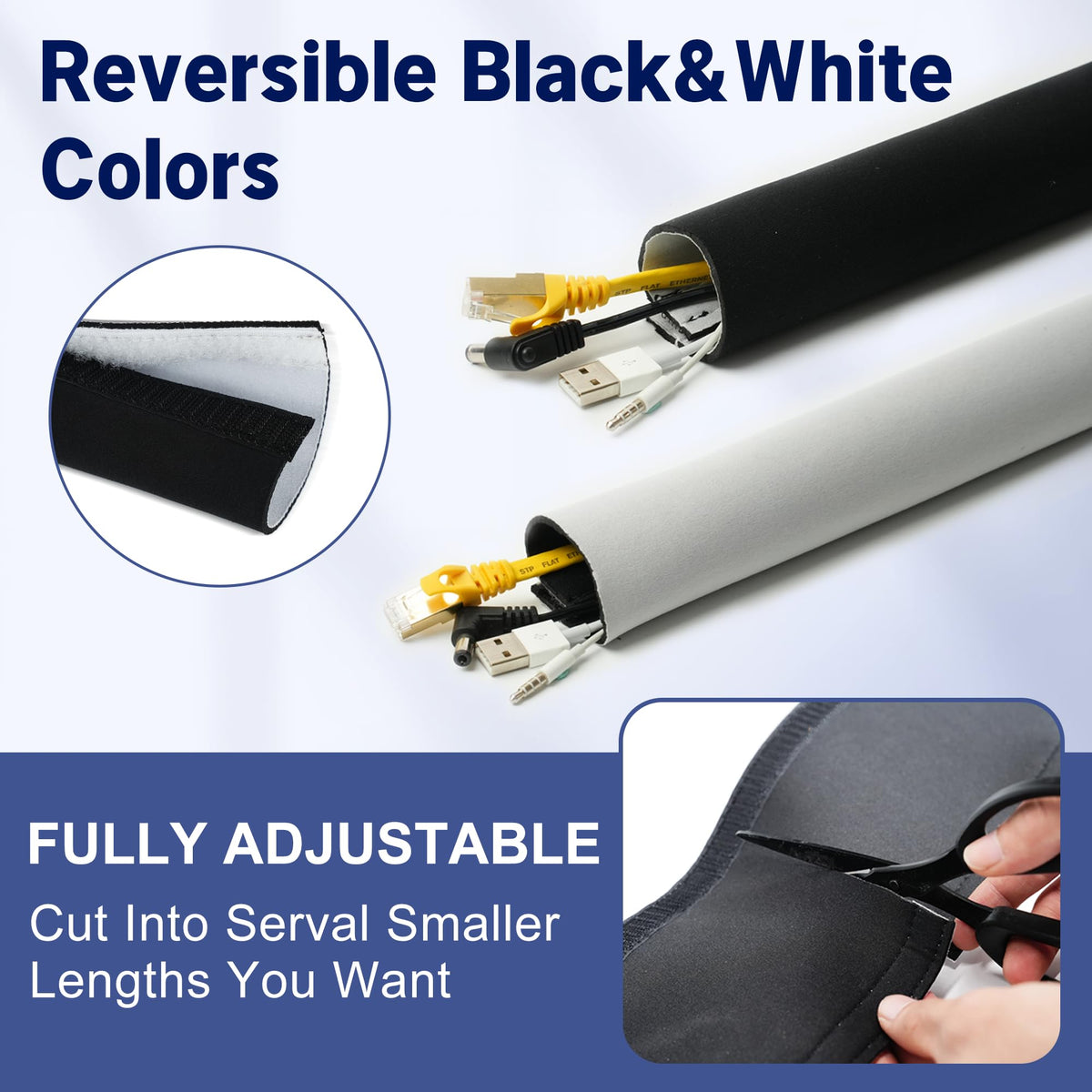 Cuttable Neoprene Cable Management Sleeve with Hook-and-Loop