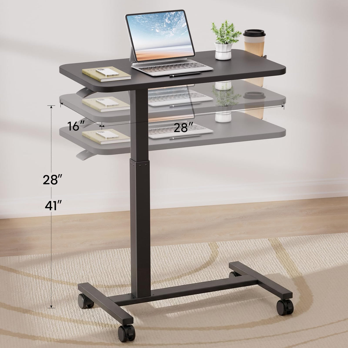 GTPLAYER Small Standing Desk with Wheels, Pneumatic Mobile Rolling Laptop Desk, Adjustable Height Overbed Bedside Table Computer Workstation for Home Office