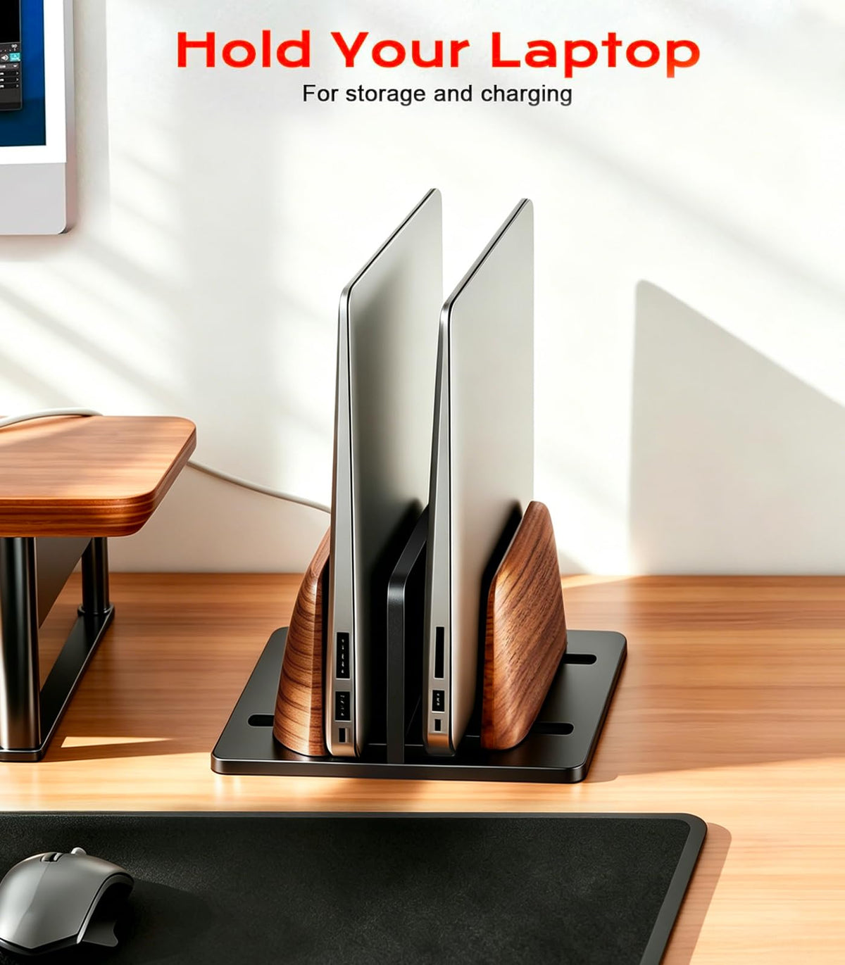 JCZT Walnut Vertical Dual Laptop Stand for Desk Organization