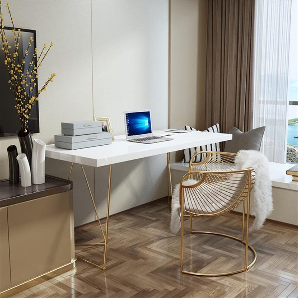Modern Light Luxury PC Laptop Desk Minimalist Home Bedroom Writing Desk with Golden Metal Frame and White Desktop 1.0/1.2/1.4/1.6/1.8m (Color : 160x70x75cm)