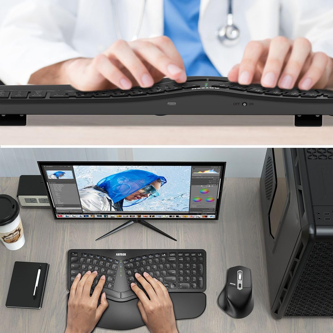 Arteck 2.4GHz Wireless Split Ergonomic Keyboard with Palm Rest