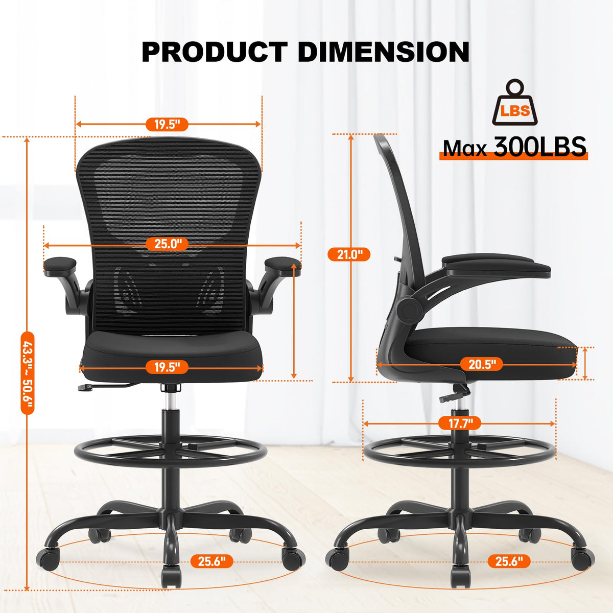 Synorla Ergonomic Mesh Drafting Chair with Flip-Up Arms