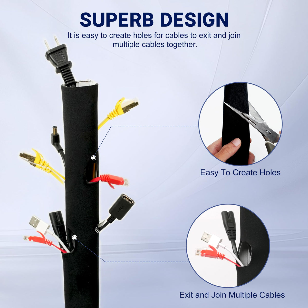 Cuttable Neoprene Cable Management Sleeve with Hook-and-Loop