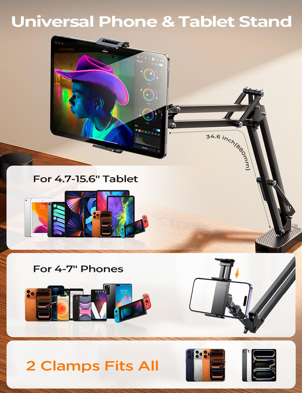 LISEN Aluminum Tablet Desk Mount Arm for 4.7–15.6-Inch Devices