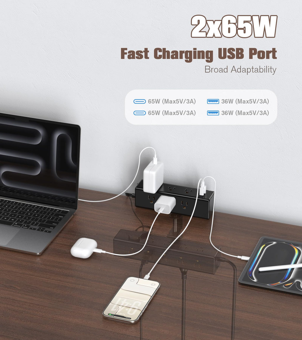 Dual-Layer Desk Clamp Power Strip with 24 Outlets & 65W USB-C