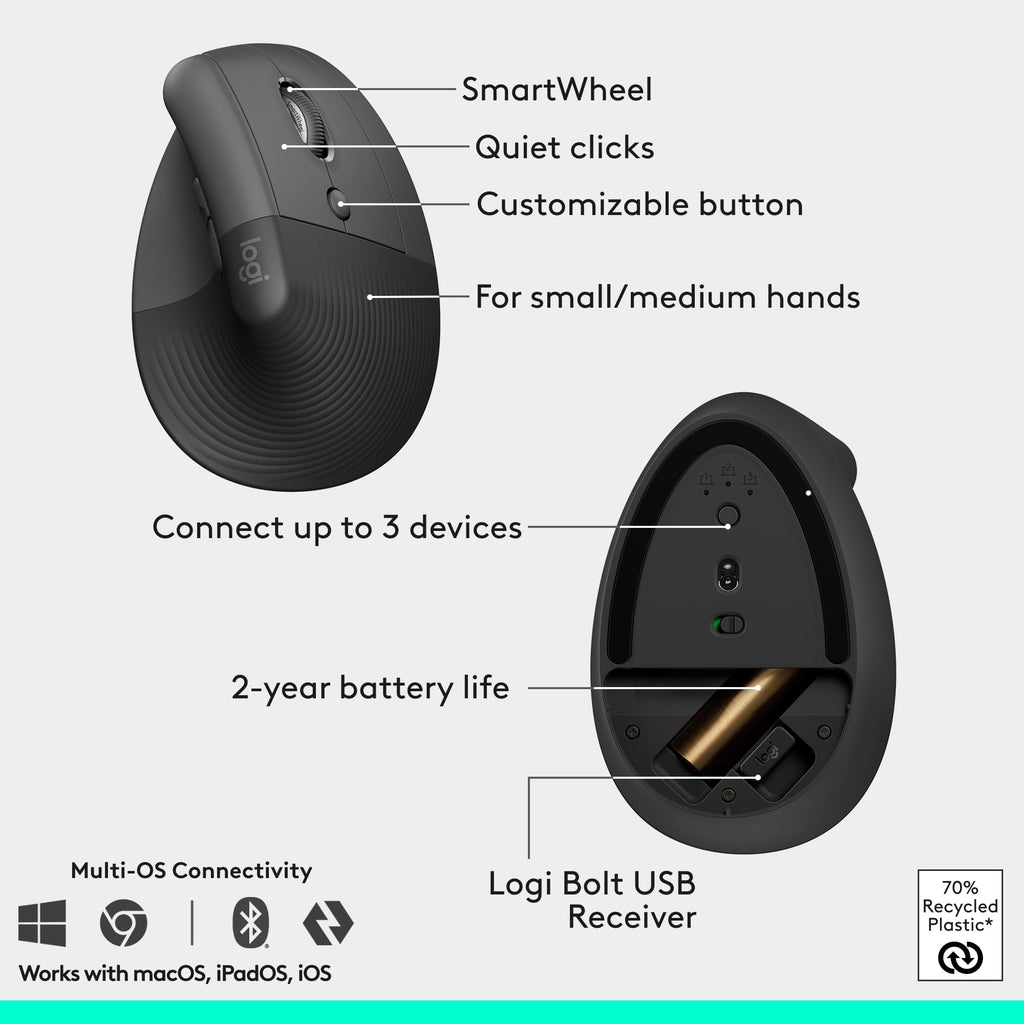 Logitech Lift Wireless Vertical Ergonomic Mouse