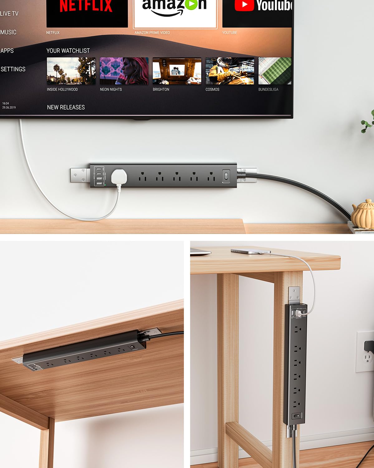 360° Mountable Surge Protector Power Strip with 4 USB Ports (2 USB C), 6 FT Electrical Outlet & Flat Plug Extension Cord for Under Desk, Wall, or Corner Mount
