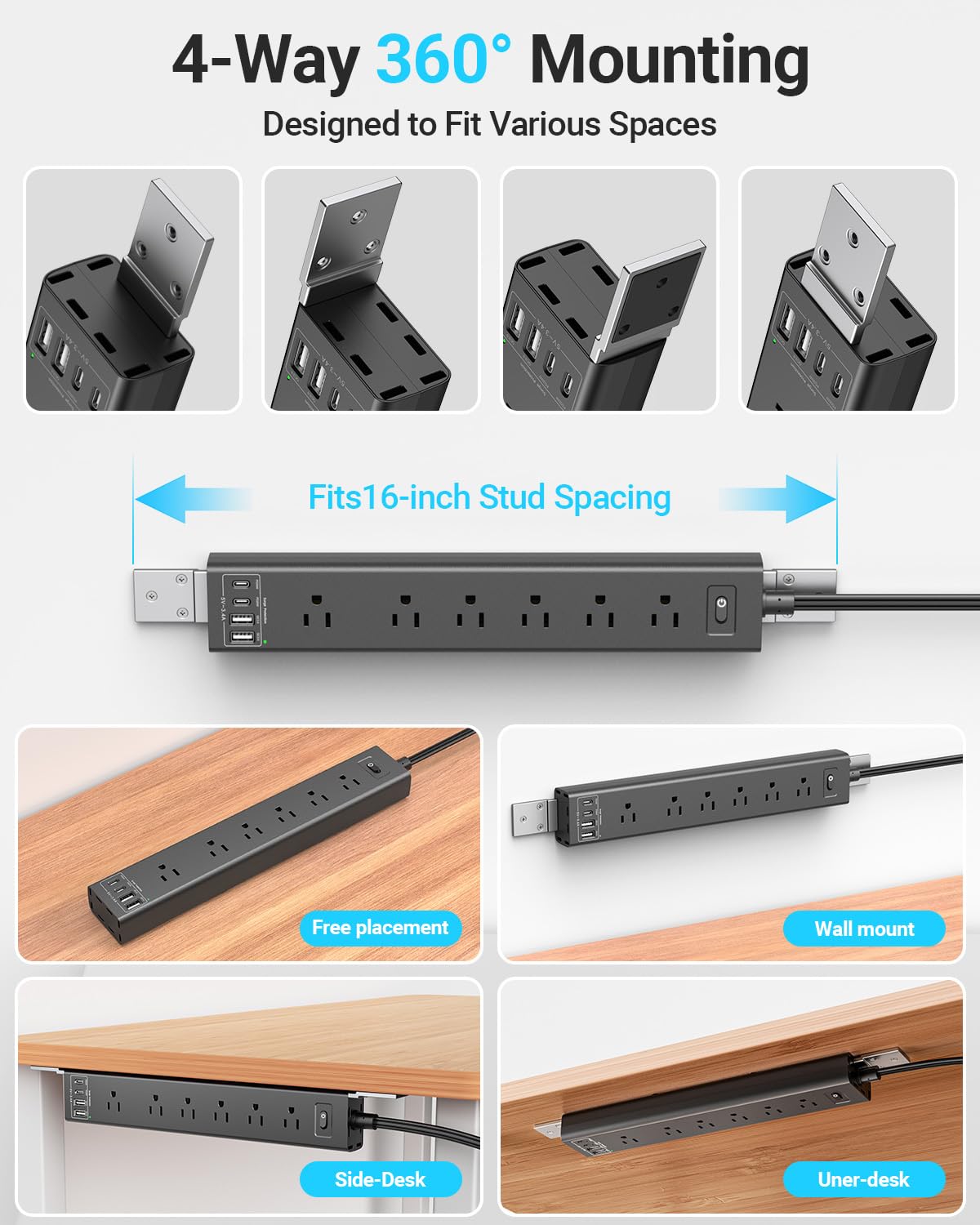 360° Mountable Surge Protector Power Strip with 4 USB Ports (2 USB C), 6 FT Electrical Outlet & Flat Plug Extension Cord for Under Desk, Wall, or Corner Mount