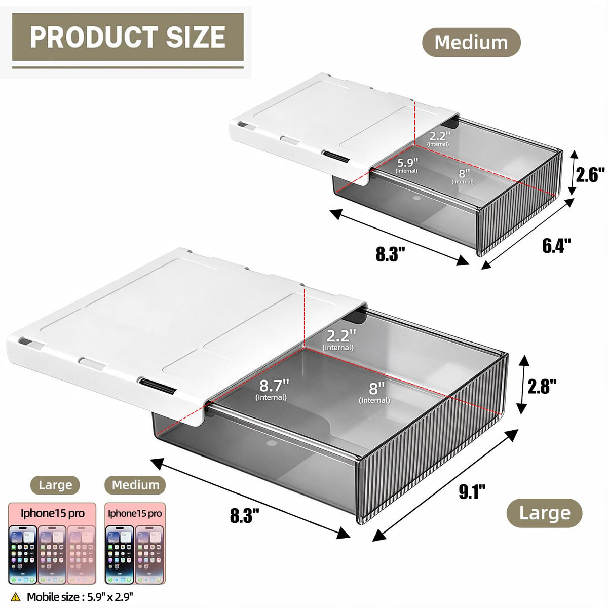 TooCust 2-Pack Slide-Out Under-Desk Drawers, Large & Medium