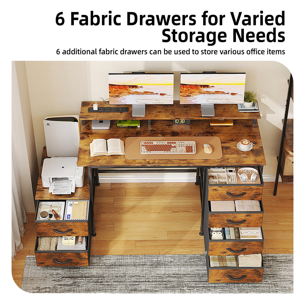 Flrrtenv Office Desk with 6 Drawers and Printer Space for Storage, Reversible Computer Desk with Monitor Stand & Power Outlets, Home Office Desks