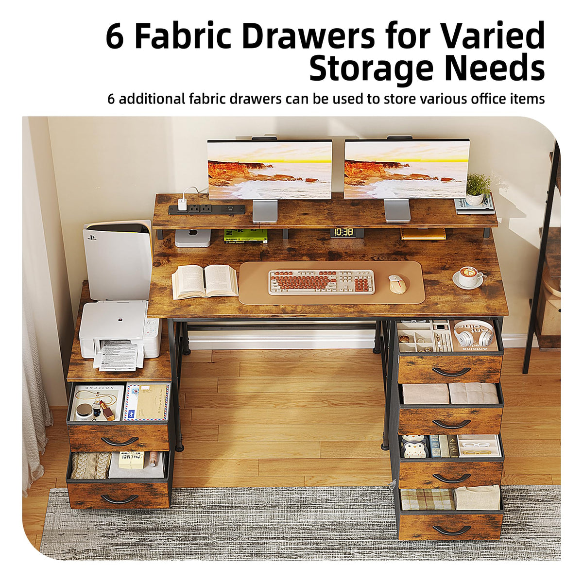 Flrrtenv Office Desk with 6 Drawers and Printer Space for Storage, Reversible Computer Desk with Monitor Stand & Power Outlets, Home Office Desks