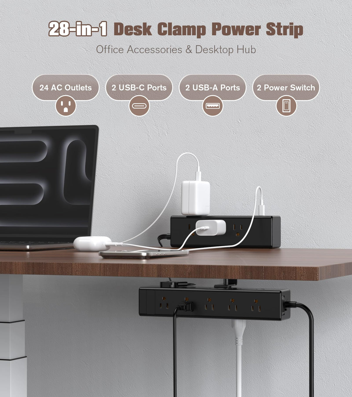 Dual-Layer Desk Clamp Power Strip with 24 Outlets & 65W USB-C