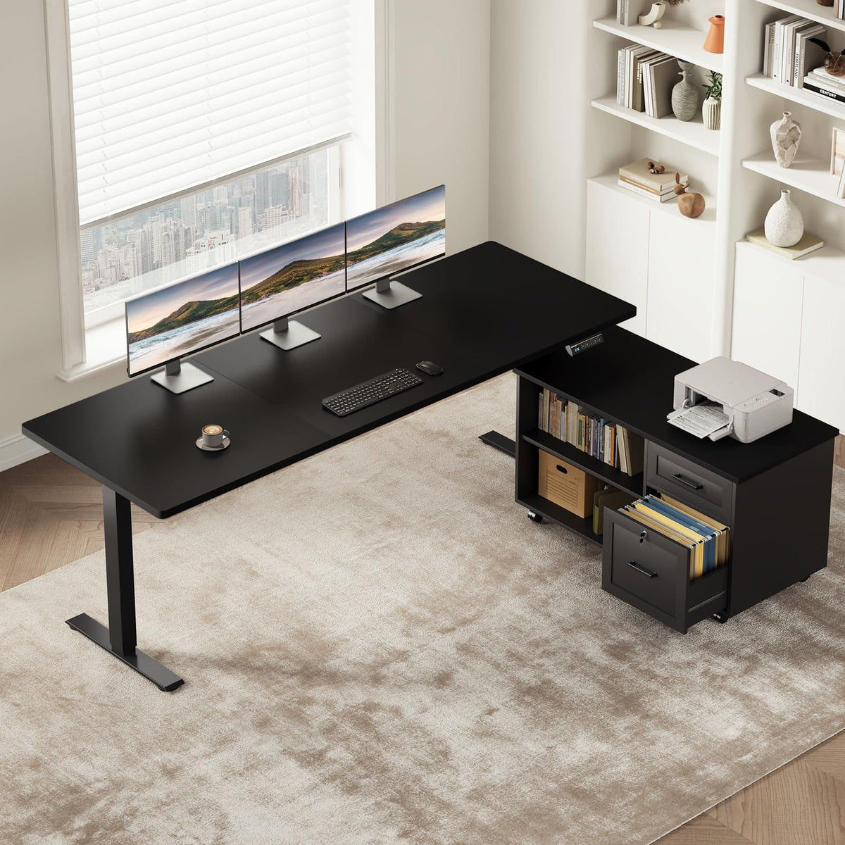 OffiGo Electric Standing Desk with File Cabinet, Large Corner Adjustable Height Table with Power Outlets, Executive L-Shaped Lift Workstation for Home, Office
