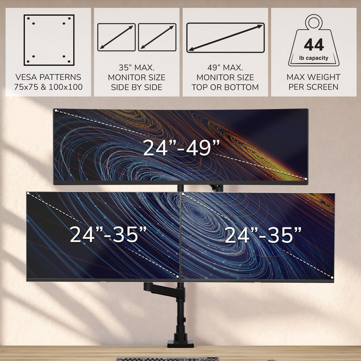 Mount-It! 2+1 Heavy-Duty Stacked Triple Monitor Mount