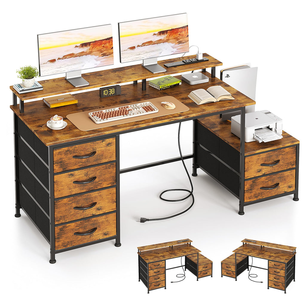 Flrrtenv Office Desk with 6 Drawers and Printer Space for Storage, Reversible Computer Desk with Monitor Stand & Power Outlets, Home Office Desks