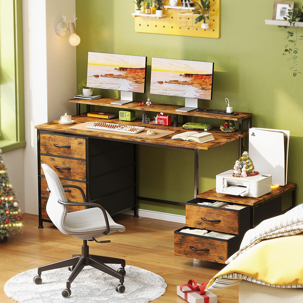 Flrrtenv Office Desk with 6 Drawers and Printer Space for Storage, Reversible Computer Desk with Monitor Stand & Power Outlets, Home Office Desks