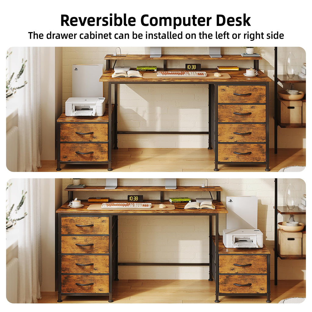 Flrrtenv Office Desk with 6 Drawers and Printer Space for Storage, Reversible Computer Desk with Monitor Stand & Power Outlets, Home Office Desks