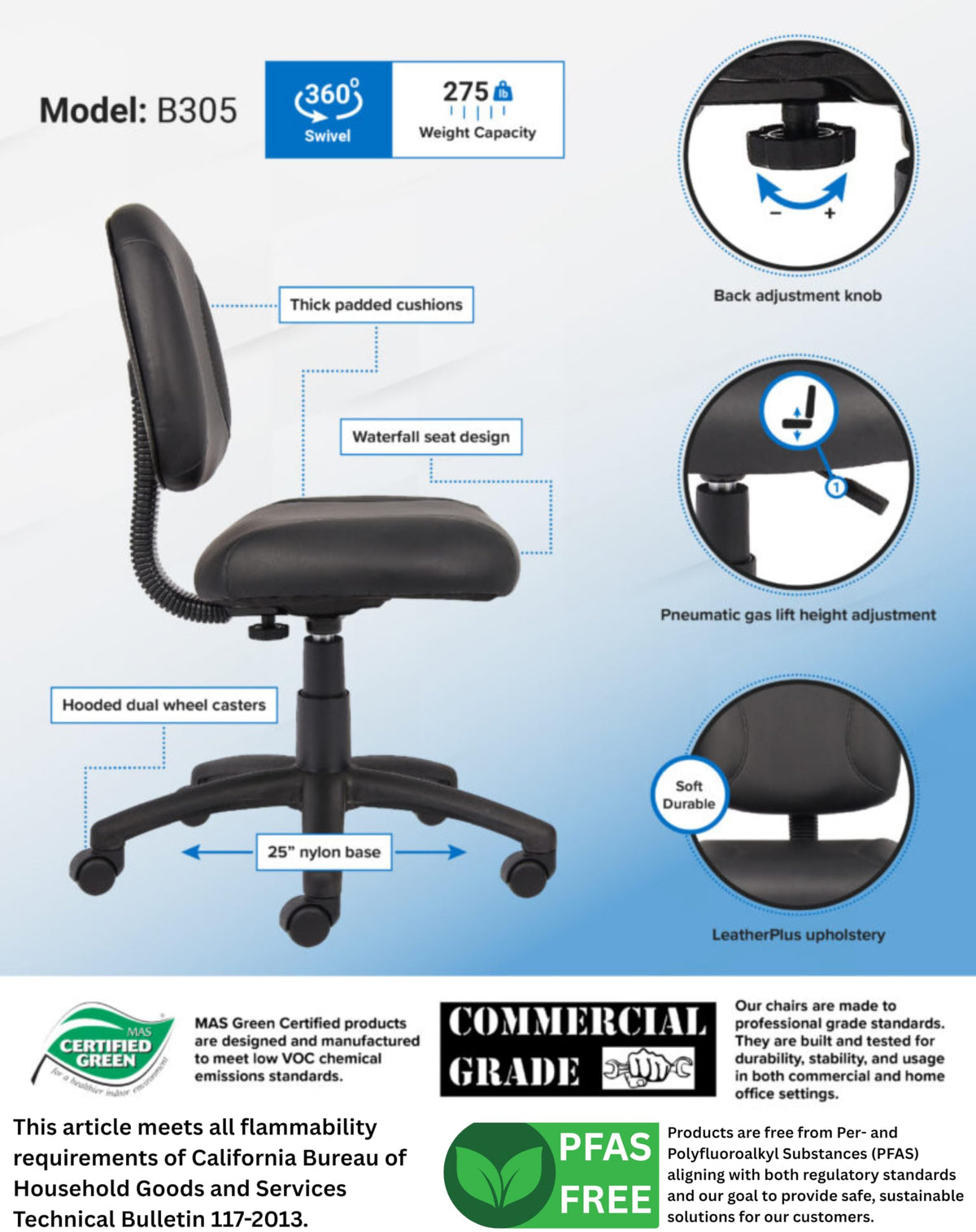 Boss Office Products Posture Task Chair Without Arms in Black, Low-Back (B305)