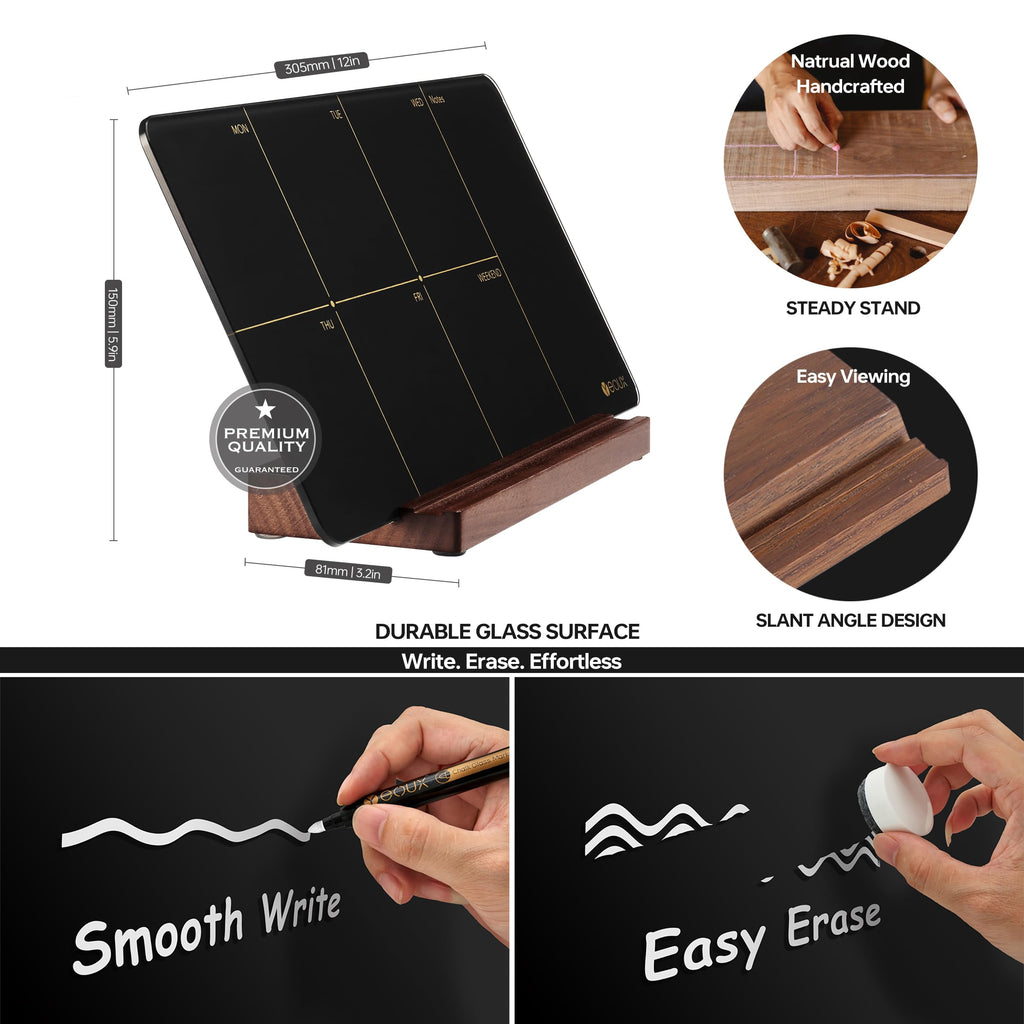 Yeoux Glass Weekly Dry Erase Planner with Wood Stand
