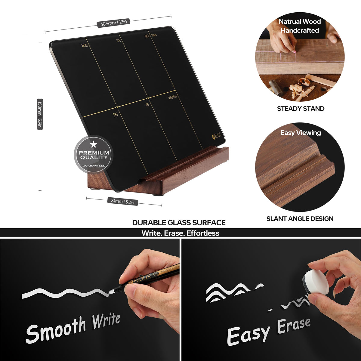 Yeoux Glass Weekly Dry Erase Planner with Wood Stand