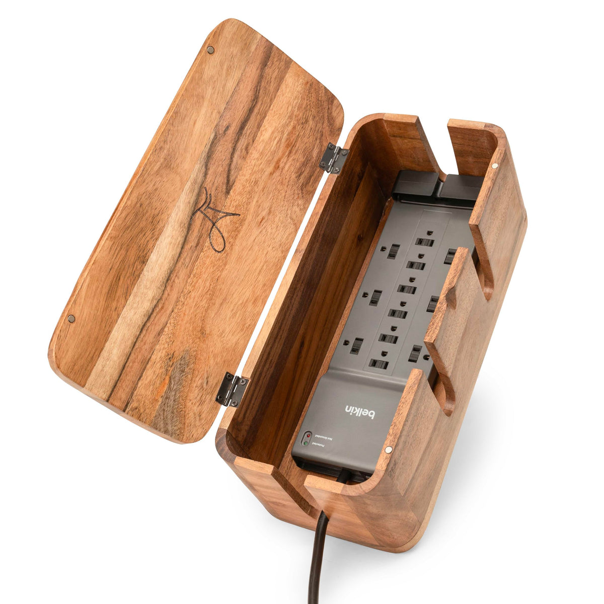 Rustic Acacia Wood Cable Management Box for Desk Organization