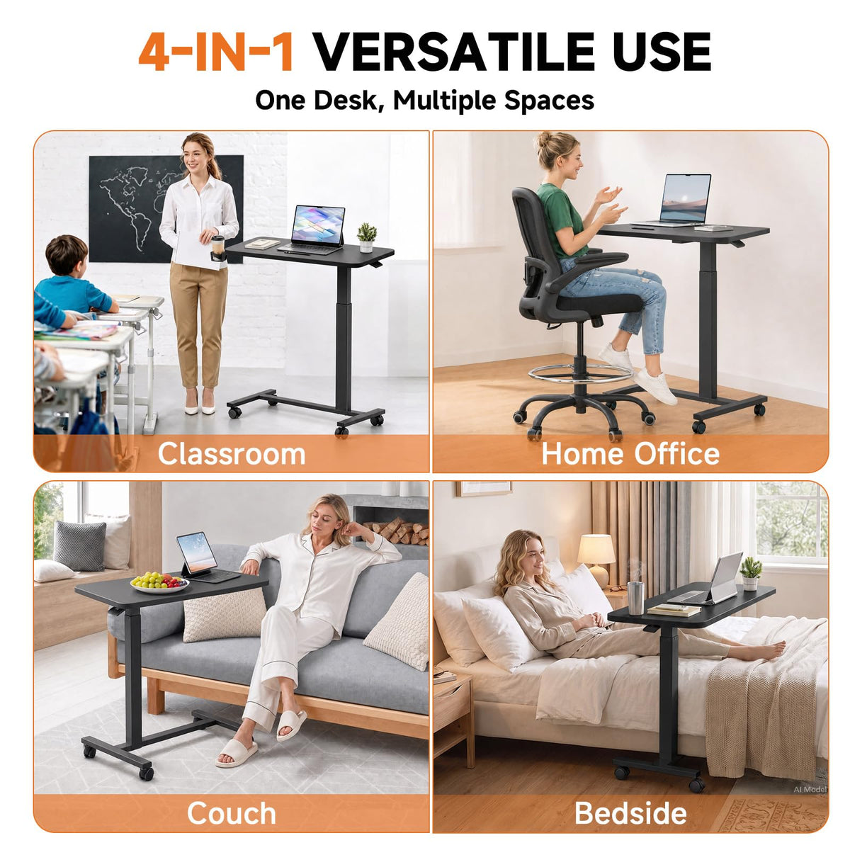 GTPLAYER Small Standing Desk with Wheels, Pneumatic Mobile Rolling Laptop Desk, Adjustable Height Overbed Bedside Table Computer Workstation for Home Office
