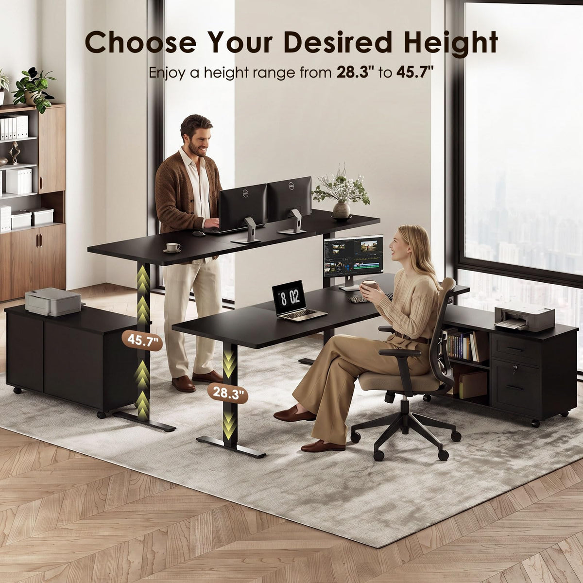 OffiGo Electric Standing Desk with File Cabinet, Large Corner Adjustable Height Table with Power Outlets, Executive L-Shaped Lift Workstation for Home, Office