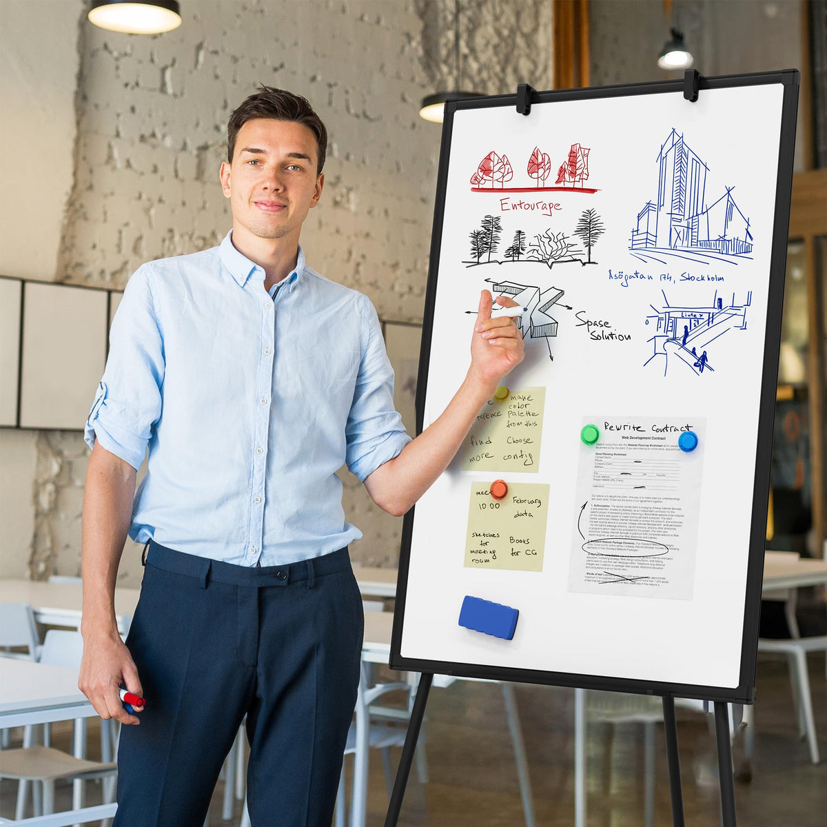 Double-Sided Magnetic Rolling Whiteboard with Stand