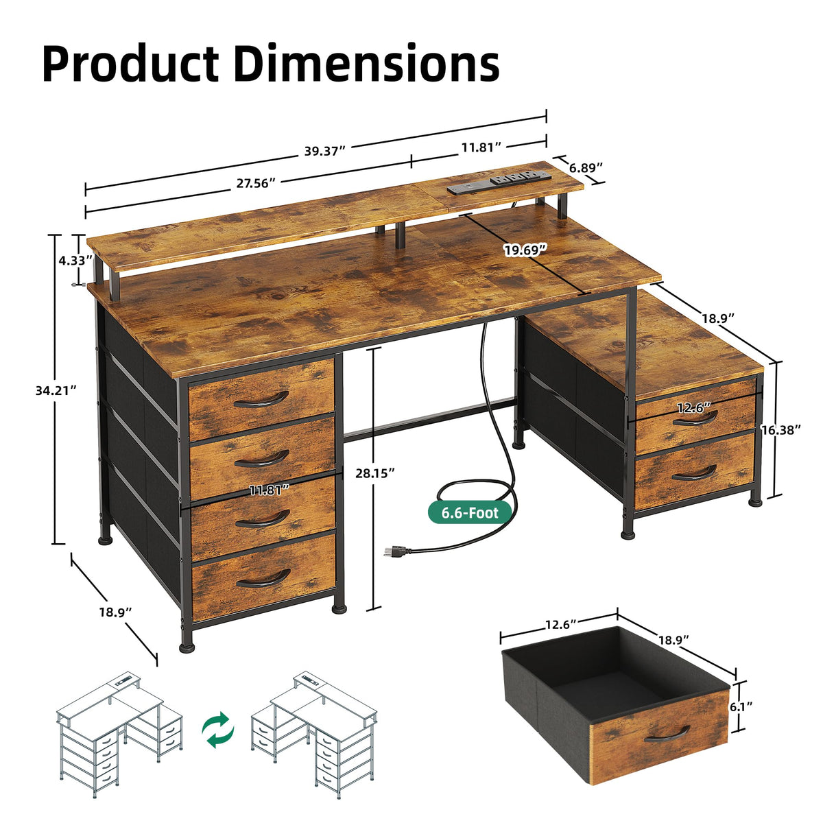 Flrrtenv Office Desk with 6 Drawers and Printer Space for Storage, Reversible Computer Desk with Monitor Stand & Power Outlets, Home Office Desks