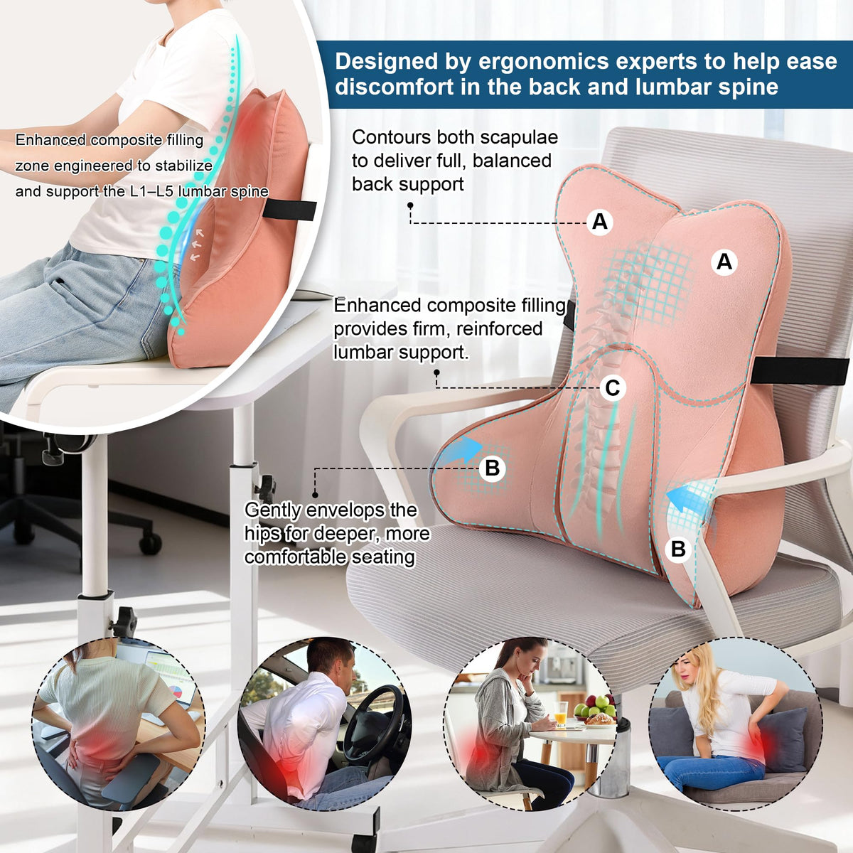 Ailuteie Lumbar Support Pillow for Lower Back Pain Relief – Multi-Functional Ergonomic Lumbar Cushion, Reading Pillow for Office Chair, Car Seat & Sofa