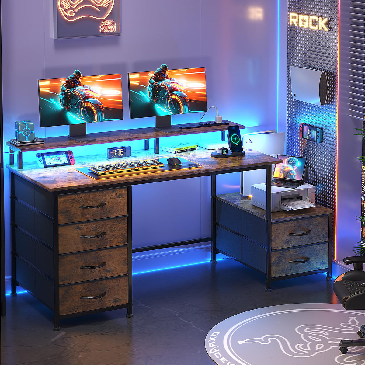Flrrtenv Office Desk with 6 Drawers and Printer Space for Storage, Reversible Computer Desk with Monitor Stand & Power Outlets, Home Office Desks
