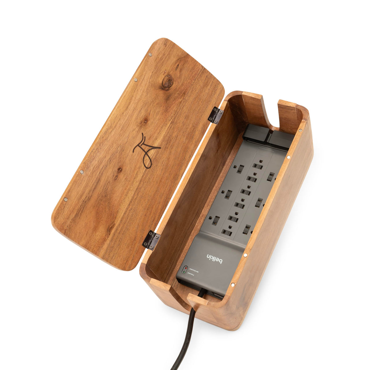 Rustic Acacia Wood Cable Management Box for Desk Organization