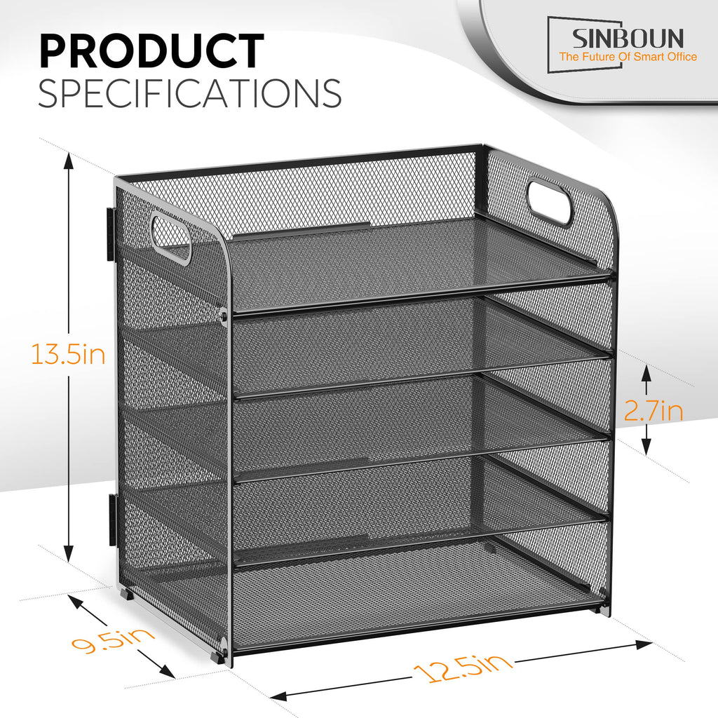 2 Pack Letter Tray 5-Tier Desk Organizer File Paper Holder with Handle, Metal Desktop Document Shelf Tray Office Classroom Organization - Black