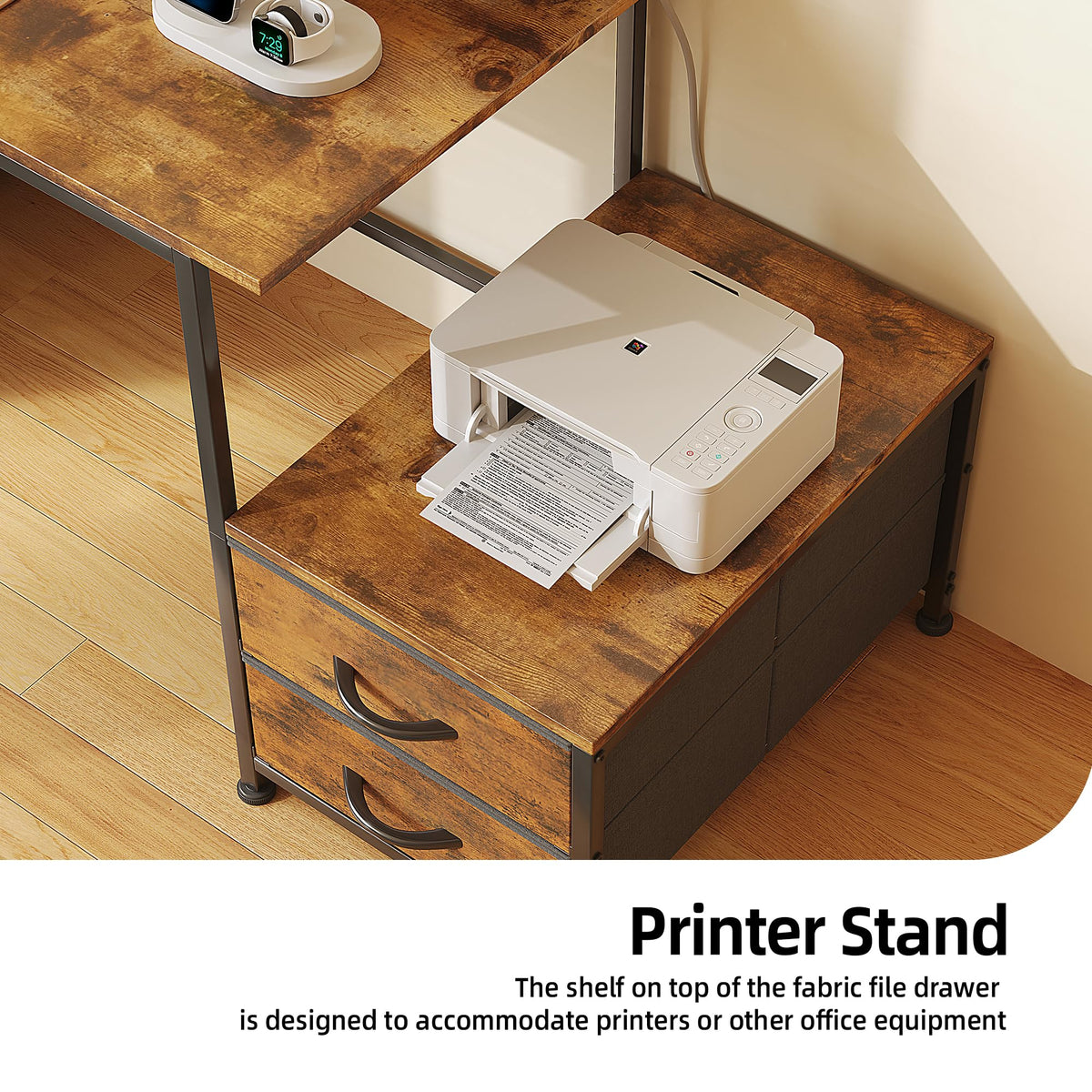 Flrrtenv Office Desk with 6 Drawers and Printer Space for Storage, Reversible Computer Desk with Monitor Stand & Power Outlets, Home Office Desks